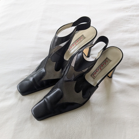 Vtg Black Leather Mesh Scalloped Cutout Heels Mules 10 - Picture 3 of 6